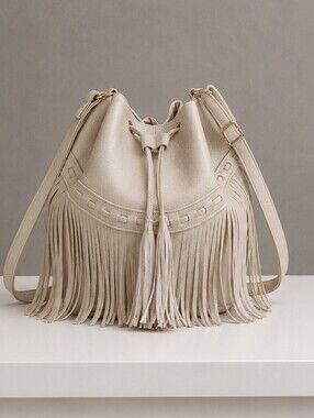 Boho Fringe Bucket Bag Cream Faux Leather Drawstring Crossbody Tassel Shoulder
